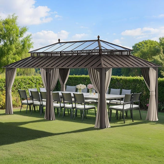 SUNJOY Kingston 20' x 12' Hardtop Gazebo with Galvanized Steel/Polycarbonate Double Roof, Curtain and Netting, Brown Aluminum Posts Permanent Pavilion Gazebo for Garden, Patio, Deck, Lawn