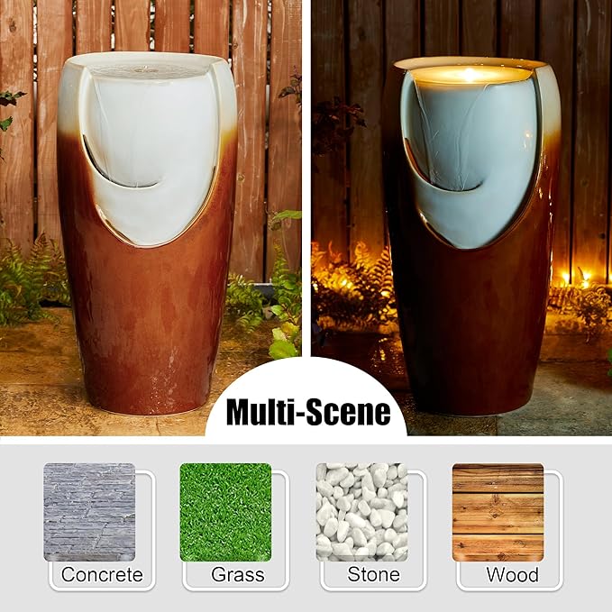 Glitzhome 29.25" H Oversized Ceramic Vase Outdoor Water Fountain, Tall Sand Beige Brown Glaze Patio Garden Water Fountain with LED Light and Submersible Pump for Garden Patio Balcony Yard Art Decor
