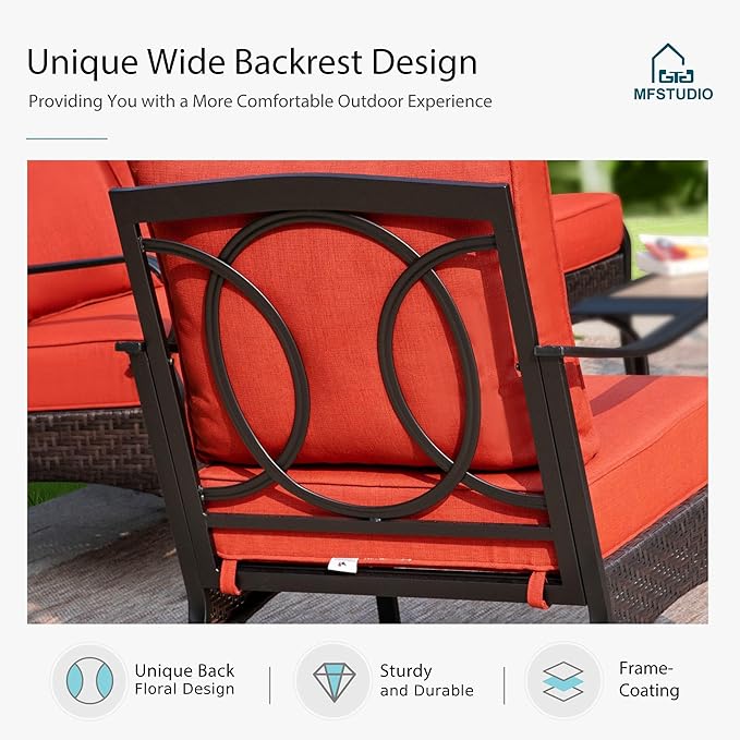 MFSTUDIO 5 Pieces Outdoor Patio Furniture Set, Metal Outdoor Conversation Sofa, Rattan Wicker Patio Sectional Sofa Set with 4 x Fixed Single Sofa, 1 x Fire Pit Table, Red