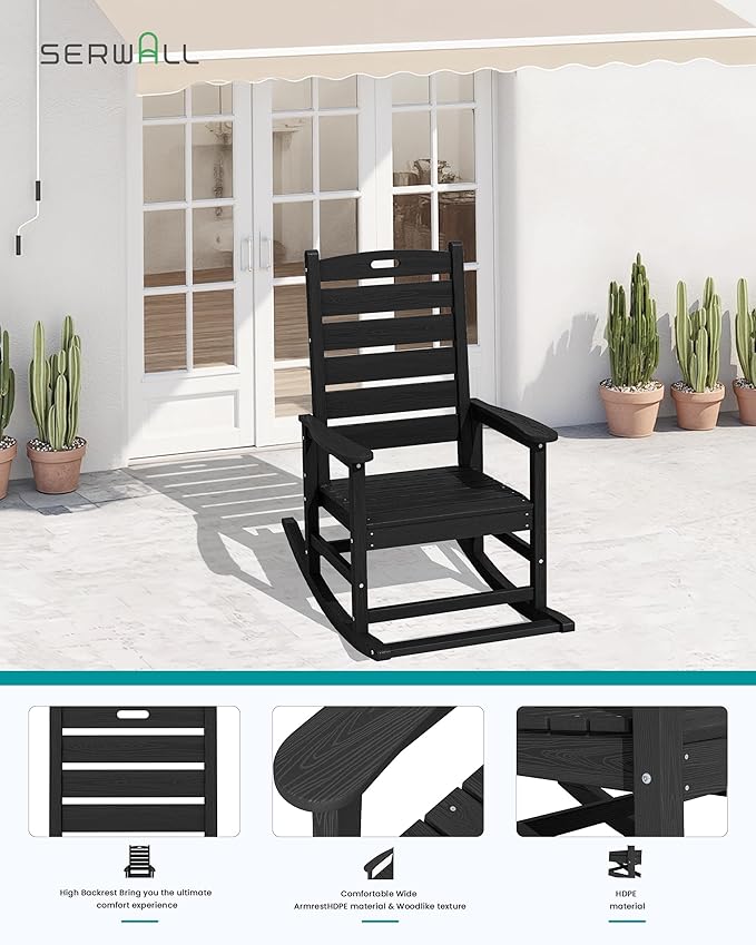 SERWALL Outdoor Rocking Chair Set of 4, Oversized HDPE Patio Rocking Chair with Footrest for Adults, All Weather Porch Rocker for Deck Patio Balcony, Black