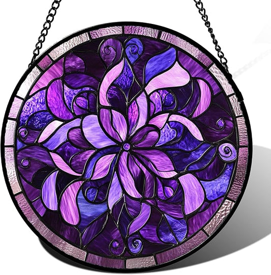 Stained Glass Window Hanging - Purple Abstract Flower Suncatcher for Door Garden Patio Sun Catchers Decor Christmas Mother's Day Birthday Gifts for Women Men Mom Nana Aunt Friend 6.3 in