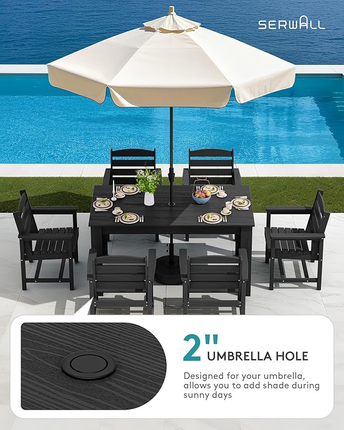 SERWALL Patio Dining Set for 6, Outdoor Dining Sets for 6 Person with 1 Umbrella Hole Cut-Out Rectangular Table and 6 Chairs, HDPE Dining Sets for Garden, Backyard, Poolside, Black