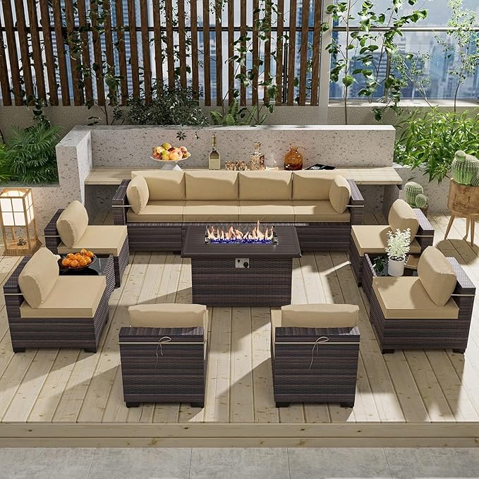 13 Pieces Outdoor Patio Furniture Set with Propane Fire Pit Table Outdoor Furniture Patio Sectional Sofa Conversation Sets w/ETL Approved 43" Gas Outdoor Fire Table & Coffee Table Brown