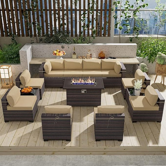 13 Pieces Outdoor Patio Furniture Set with Propane Fire Pit Table Outdoor Furniture Patio Sectional Sofa Conversation Sets w/ETL Approved 43" Gas Outdoor Fire Table & Coffee Table Brown