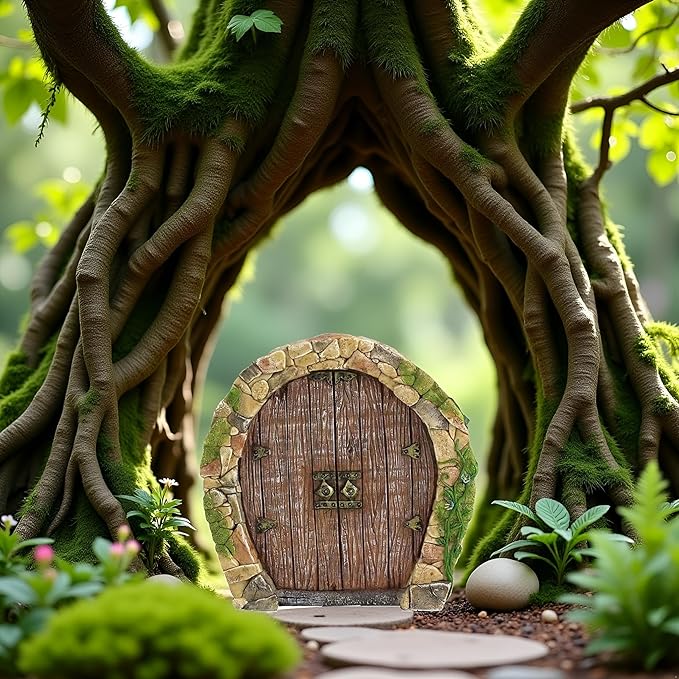 Brown Mini Fairy Garden Door for Tree, 3D Miniature Fairy Door, Bonsai Terrarium Micro Landscape Decoration Accessories, Garden Miniatures