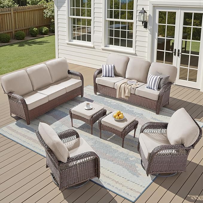 6 Pieces Patio Furniture Set Outdoor Sectional Sofa Couch with Rocking Swivel Chairs 5" Deep Seat Chairs, 2 Sofa Sets Modern Wicker Rattan Conversation Set, Beige/Brown Wicker