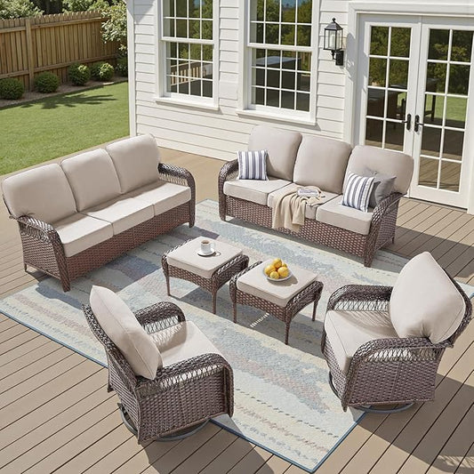 6 Pieces Patio Furniture Set Outdoor Sectional Sofa Couch with Rocking Swivel Chairs 5" Deep Seat Chairs, 2 Sofa Sets Modern Wicker Rattan Conversation Set, Beige/Brown Wicker