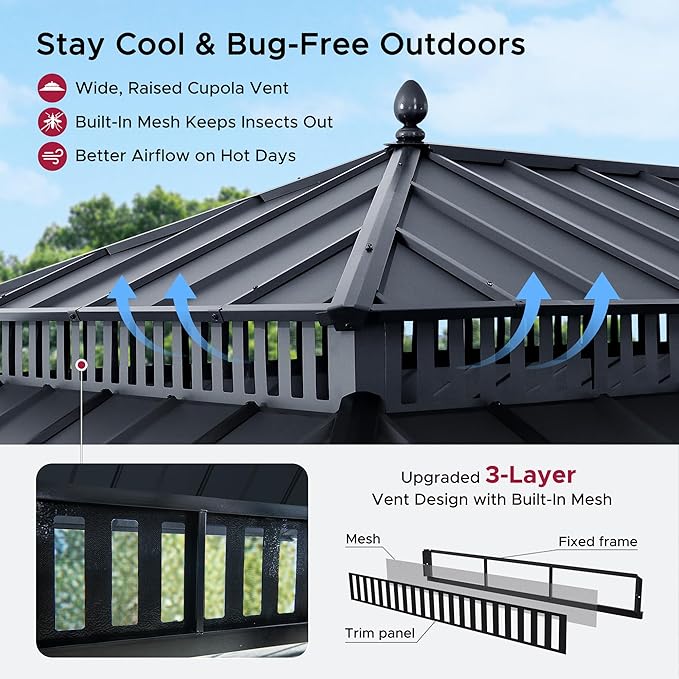 SUNJOY Kingston 20' x 12' Hardtop Gazebo with Galvanized Steel Double Roof, Curtain and Netting, Gray Aluminum Posts Permanent Pavilion Gazebo for Garden, Patio, Deck, Lawn