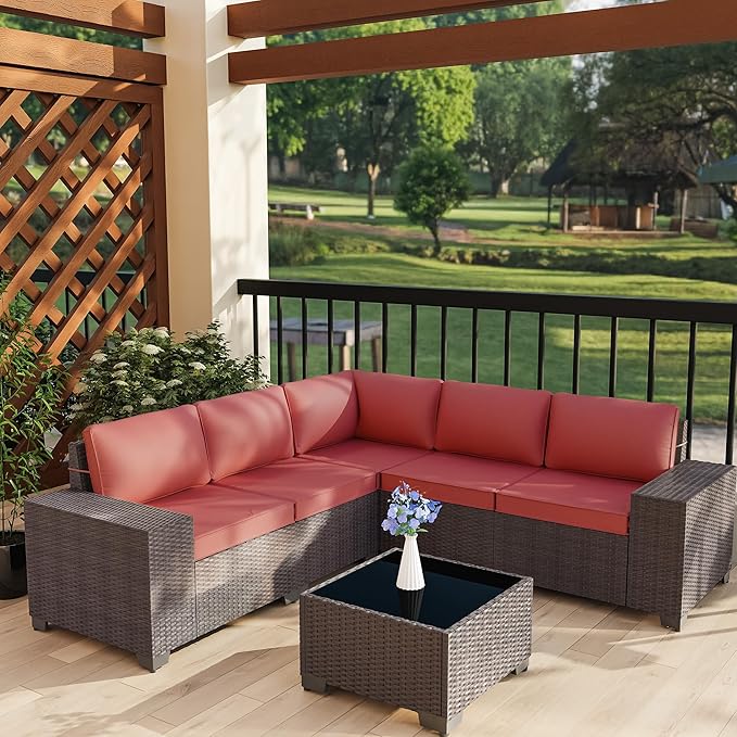 Outdoor Patio Furniture Set, 6 Pcs Outdoor Furniture All Weather Patio Sectional Sofas PE Wicker Modular Conversation Set with Coffee Table,5 Chairs & Seat Clips Red