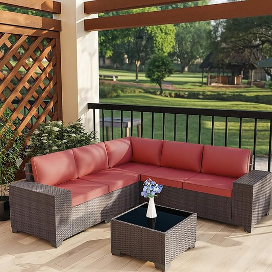 Outdoor Patio Furniture Set, 6 Pcs Outdoor Furniture All Weather Patio Sectional Sofas PE Wicker Modular Conversation Set with Coffee Table,5 Chairs & Seat Clips Red
