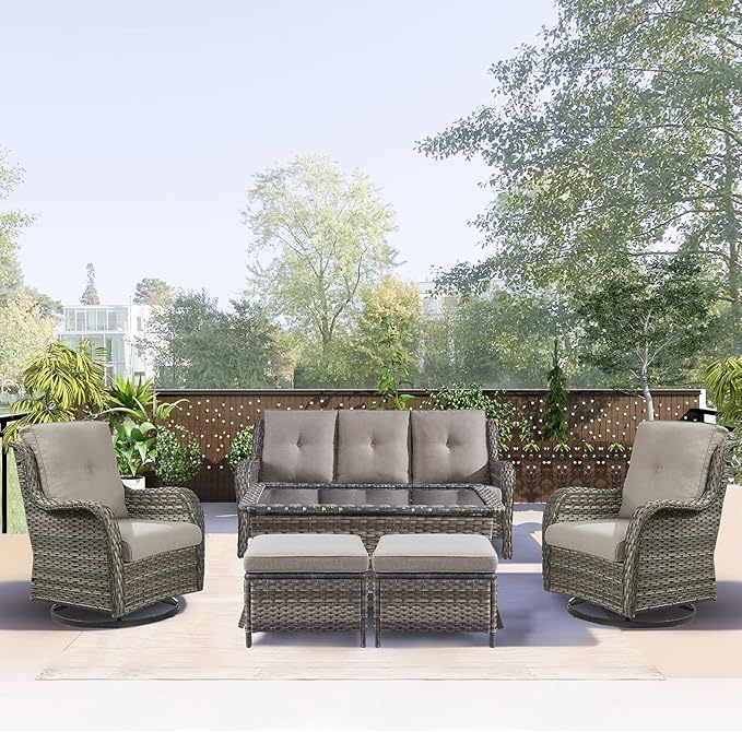 Rilyson 6 Piece Outdoor Patio Furniture Set - Rattan Wicker Patio Conversation Sets with 2 Swivel Rocker Chairs,2 Ottomans,1 Sofa and 1 Coffee Table for Outside Porch Deck Yard(Mixed Grey/Grey)