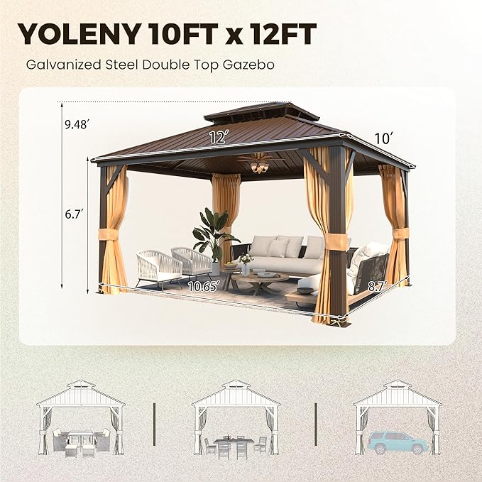 YOLENY 10' x 12' Gazebo Hardtop with Aluminum Frame,Galvanized Steel Double Roof Gazebos with Curtain and Netting,Outdoor Metal Pergolas for Garden, Lawn, Deck, Brown