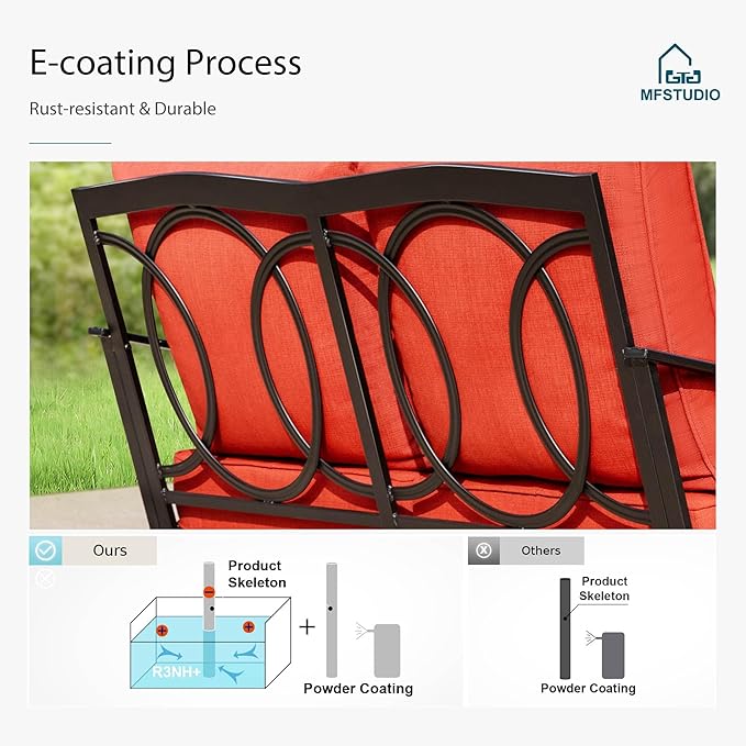 MFSTUDIO 5 PCS Outdoor Patio Furniture Set, Metal Outdoor Conversation Set, Rattan Wicker Patio Sectional Sofa Set with 2 x Fixed Single Sofa, 2-Seat and 3-Seat Sofa, 1 x Coffee Table, Red