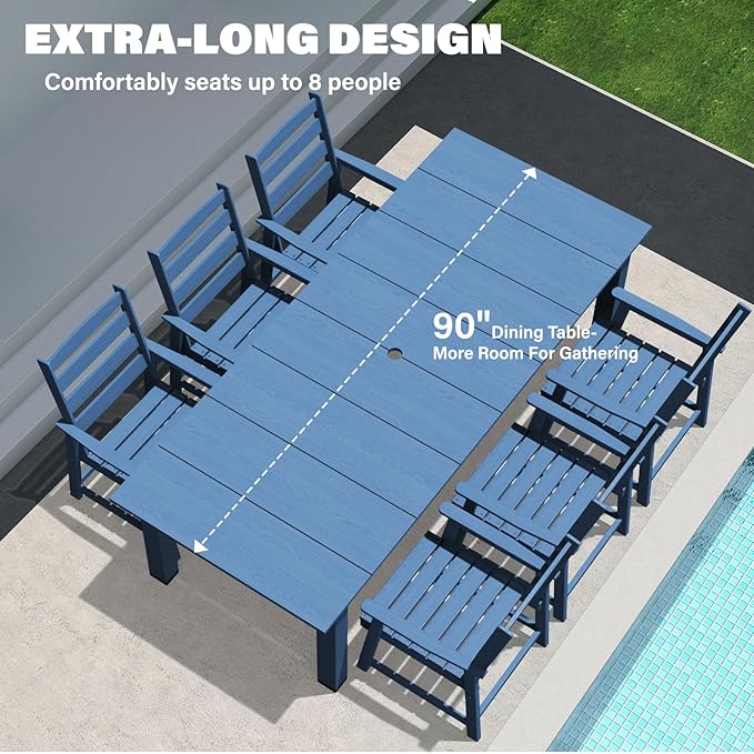 LOUNZY 9 Pieces Patio Dining Sets, 90'' Table Outdoor HDPE Furniture Set w/ 2" Hole Cut-Out Dining Table with 8 Patio Chairs for Lawn, Pool and Yard, Navy