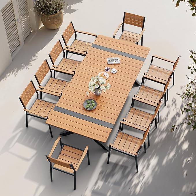 Pellebant 11 Piece Patio Table and Chairs Set for 10, Aluminum Outdoor Dining Set with Umbrella Hole, Stackable Dining Chairs & 94" Dining Table, Brown