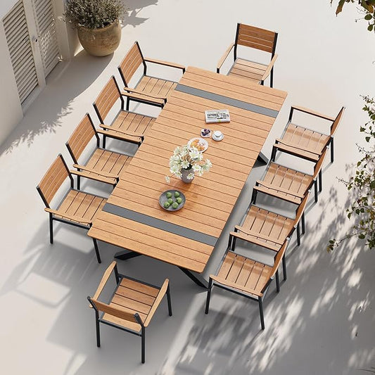Pellebant 11 Piece Patio Table and Chairs Set for 10, Aluminum Outdoor Dining Set with Umbrella Hole, Stackable Dining Chairs & 94" Dining Table, Brown
