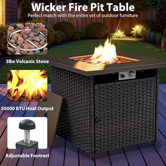 Outdoor Swivel Rocker Chairs Set of 4 with Fire Pit Table - 5 Peice Wicker Patio Furniture Set Conversation Set with 50,000 BTU Fire Pit for Deck Backyard - Brown Wicker Blue Cushion