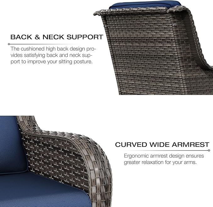 Joyside Patio Bistro Set Wicker Chairs - 3 Piece Outdoor Rattan Conversation Set with 2 Armrest Chair and 1 Side Table for Proch Deck Garden Backyard Balcony(Mixed Grey/Blue)