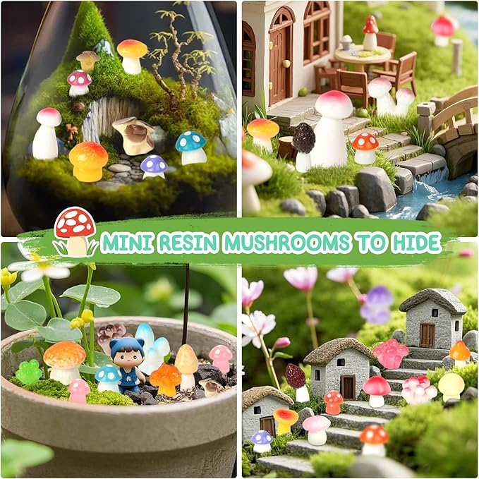 100pcs Mini Mushrooms Tiny Resin Mushrooms Miniature Little Small Mushroom Figures Bulk for for Micro Fairy Garden Landscape Aquarium Accessories Dollhouse Hide Crafts Decor