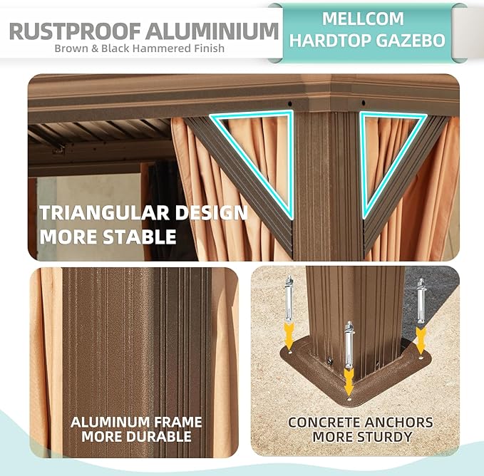 MELLCOM 14' x 24' Hardtop Gazebo,Galvanized Steel Metal Double Roof with Curtain and Netting,Brown Permanent Pavilion Gazebos with Aluminum Frame for Patios,Gardens,Lawns