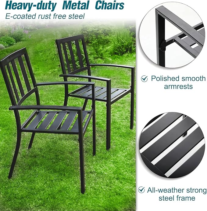 PHI VILLA 7 Piece Outdoor Dining Set for 6, 64" Metal Steel Dining Table with Umbrella Hole & Black Stacking Dining Chairs for Patio, Yard, Porch, Deck