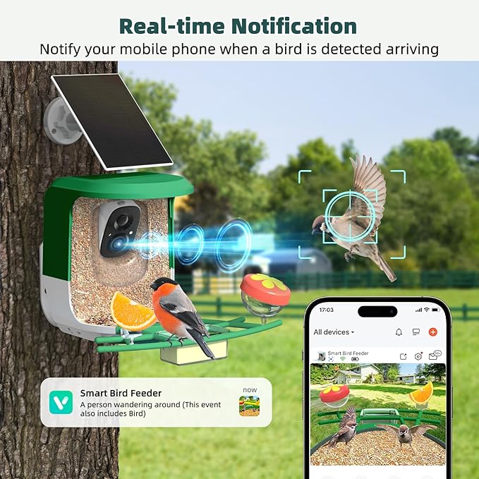 Smart Bird Feeder with Camera Solar Powered - 2K HD Live Video Camera AI Identify Birds, Visible Window Auto Capture& Motion Detection -Instant Arrival Alerts, Birds Lover Gifts