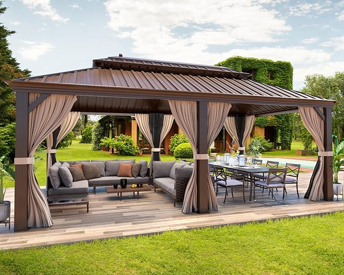 MELLCOM 12' x 20' Hardtop Gazebo,Galvanized Steel Metal Double Roof Aluminum Gazebos with Curtain and Netting,Brown Permanent Pavilion with Aluminum Frame for Patios,Gardens,Lawns