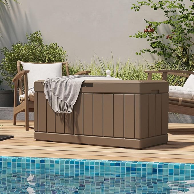 Patiolife 85 Gallon Resin Deck Box, Wood Like Outdoor Storage Box for Garden Tools, Pool Supplies, Waterproof and Lockable, Brown