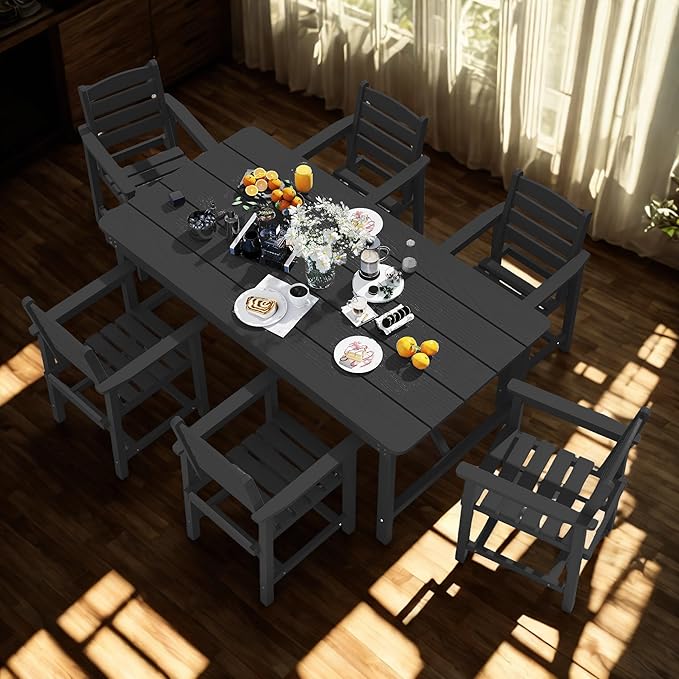 7 Piece Patio Dining Set with 11ft Patio Umbrella (Cream-White), 7 Black Outdoor HDPE Dining Set with 6 Chairs + 1 Large Table, for Market, Pool, Garden, Backyard, Deck