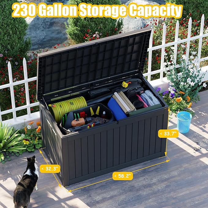 231 Gallon Waterproof Outdoor Storage Box,Large Resin Deck Box,Lockable Outside Storage Box Container for Patio Furniure,Garden,Pool Tools (231 Gallon,Black)