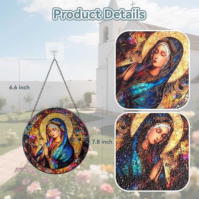 Suncatcher Stained Glass Window Hanging - Mother Mary Glass Panel with Metal Chain and Hooks Handmade Sun Catcher Decoration for Window Garden Home Christmas & Birthday Gifts (8 Inch)