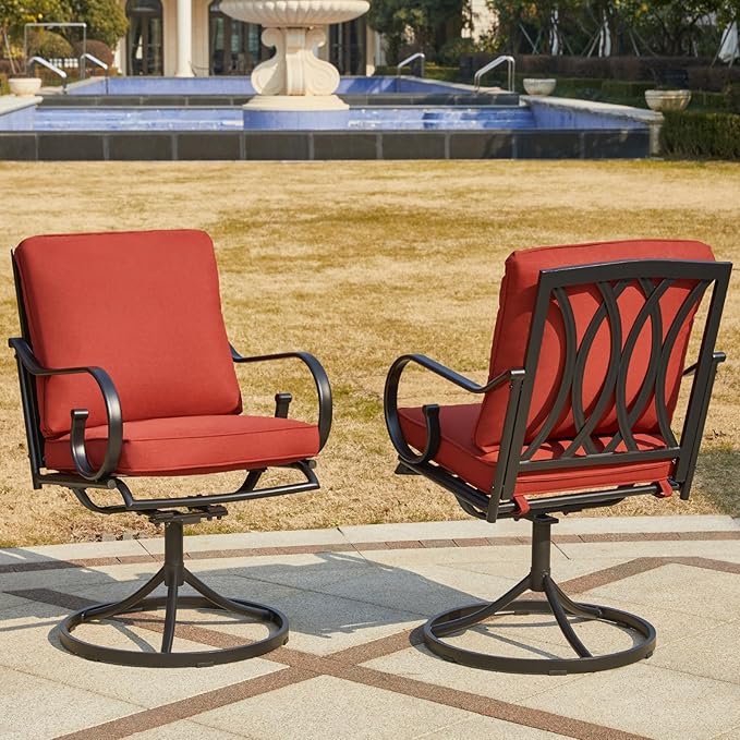 MELLCOM Patio Swivel Chairs Set of 2, Heavy Duty Outdoor Dining Chairs with Thickened Cushions, Metal Patio Chairs Gentle Rocker for Outside, Backyard, Red