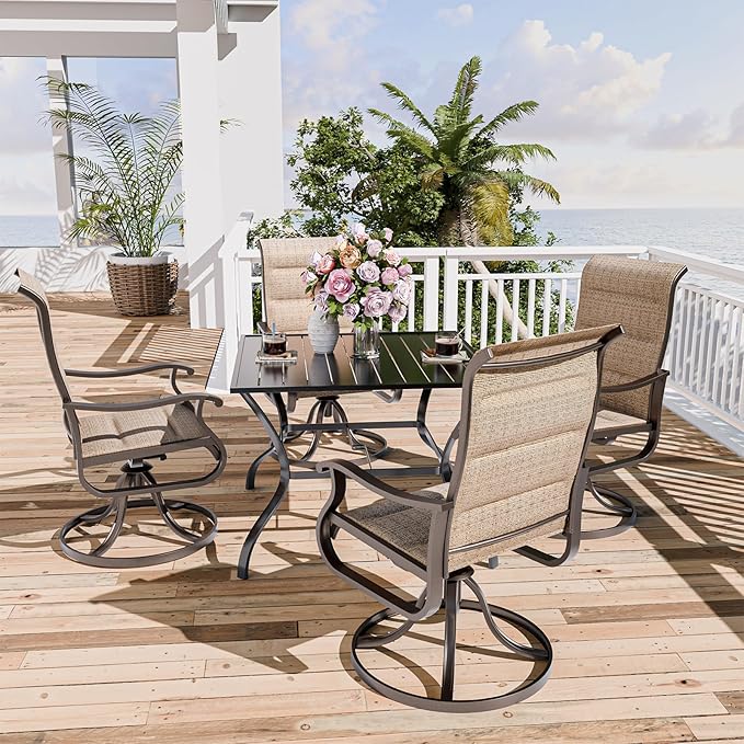 UDPATIO Patio Swivel Dining Chairs Set of 6, Outdoor Swivel Chairs High Back with All Weather Padded Textilene, Metal Rocking Frame for Lawn Garden, Brown