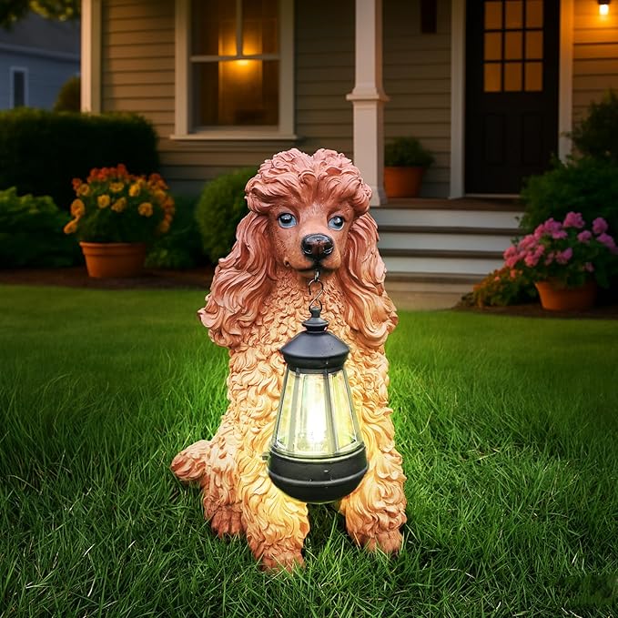 Poodle Outdoor Garden Statue with Double-Sided “Welcome/ON Patrol” Hanging Sign and Solar Lantern, Brown Sitting Dog for Porch, Path & Yard Décor
