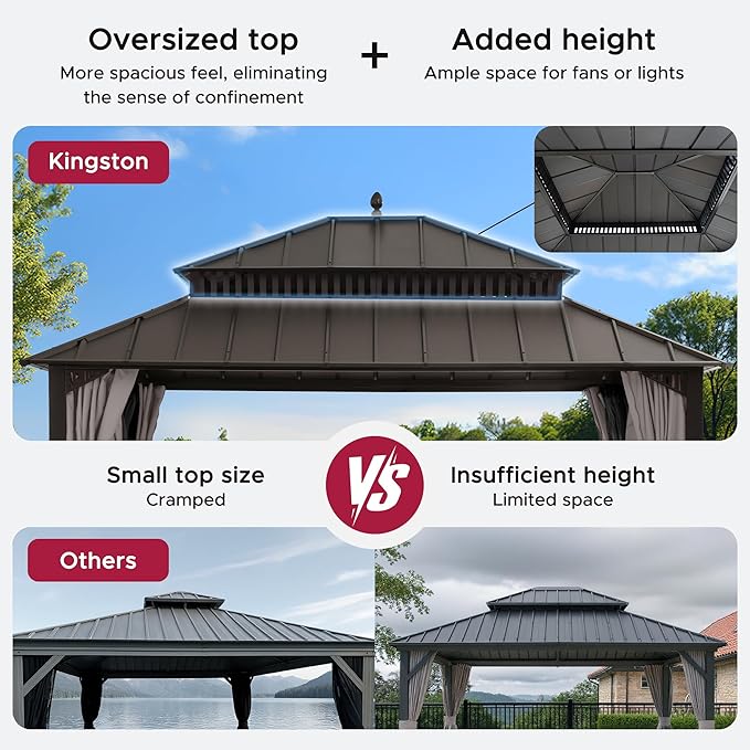 SUNJOY Kingston 14' x 12' Hardtop Gazebo with Galvanized Steel Double Roof, Curtain and Netting, Brown Aluminum Posts Permanent Pavilion Gazebo for Garden, Patio, Deck, Lawn