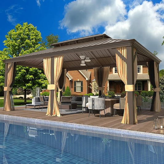 EROMMY 12'x18' Hardtop Gazebo,Galvanized Steel Double Roof Metal Gazebos with Curtain and Netting, Brown Permanent Pavilion Canopy with Aluminum Frame for Patios,Gardens,Lawns