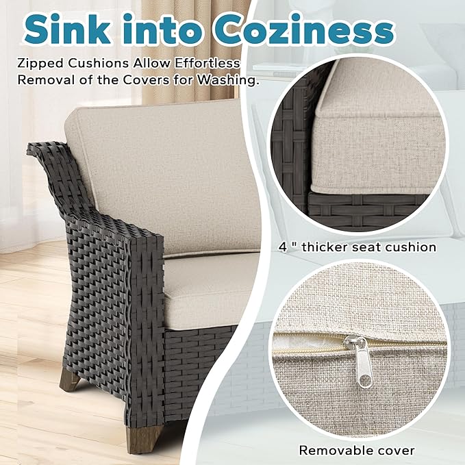 Patio 2 Pieces Wicker Chairs Set of 2, Outdoor PE Rattan Armchairs, Water-Resistant Cushions with Removable and Washable Covers, Porch Balcony, Sunroom (Beige)