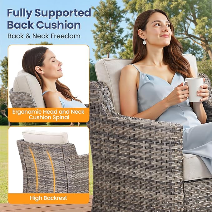 Patio Furniture Set, 9 Pieces Outdoor Wicker Rattan Sofa Couch with Swivel Rocking Chair, Side Table, Ottomans and Comfy Cushions, All Weather Patio Conversation Sets, Suit for Porch Deck