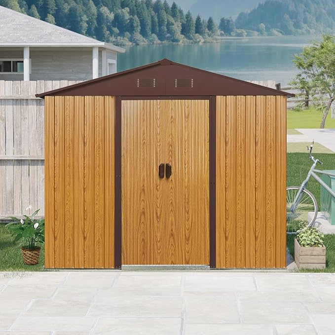 8x4 ft Outdoor Metal Storage Shed with Floor Foundation and Window, Lockable Galvanized Steel Tool Shed with Sliding Door and Air Vent, Waterproof Garden Storage House for Backyard, Patio