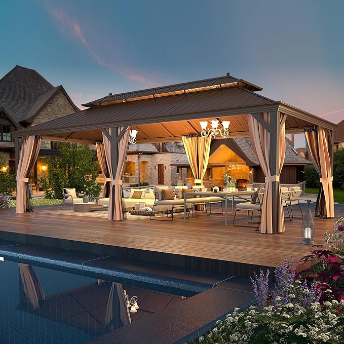EROMMY 12'x24' Hardtop Gazebo Double Roof Galvanized Steel Canopy Outdoor Aluminum Frame Permanent Metal Pavilion with Netting and Curtains for Patio Backyard Deck and Lawns
