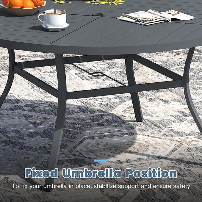 DIFY 59.8" Round Outdoor Patio Dining Table for 8-10, All-Weather Metal Steel Slatted Patio Table with 1.57" Adjustable Umbrella Hole, for Lawn Garden Porch Backyard, Grey