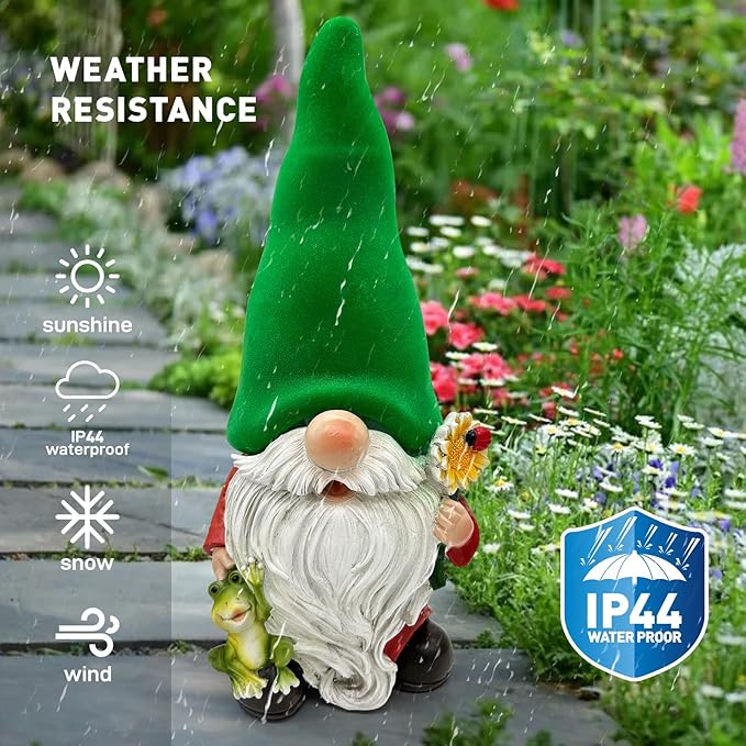 Gnome with Frog and Flower, Solar Garden Lights, Decor for Yard, Patio, Lawn - Novel Gift for Women, Mom, Friends(Green Hat Gnomes)