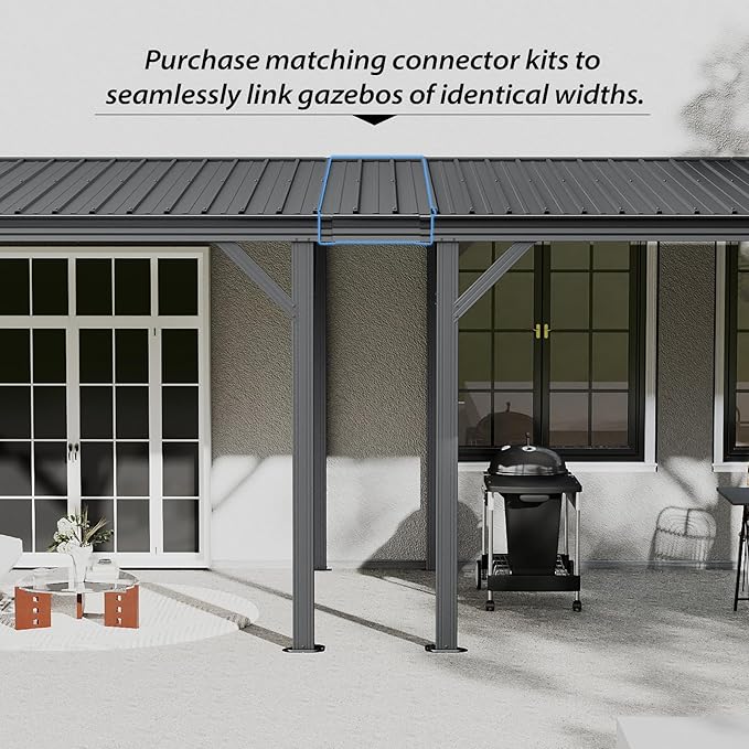 Domi 10'x10' Lean to Gazebo Hardtop, Expandable Wall Mounted Pergola with Gutters & Galvanized Steel Roof, 60MPH Wind Resistance, Outdoor Heavy Duty Metal Awning for Patio, Deck, Backyard - Grey
