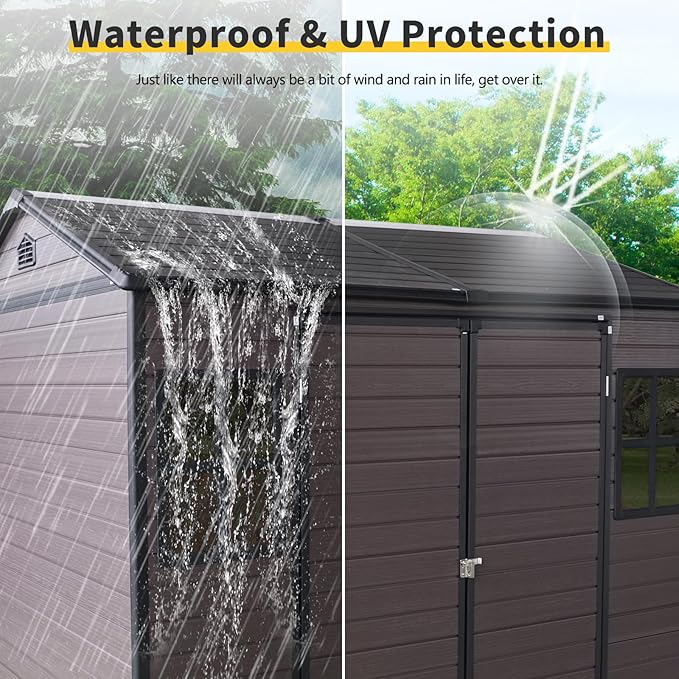 8x6 FT Resin Storage Sheds Outdoor with Floor, 2 Windows & Lockable Door Storage Shed - Waterproof Garden Tool Shed, Patio & Backyard Tool Storage Cabinet Use - Brown