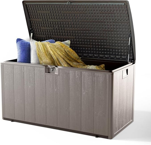 120 Gallon All-Weather Deck Box, Lockable Waterproof Resin Storage with UV Resistance for Patio Furniture, Garden Tools, Pool Accessories (Brown)