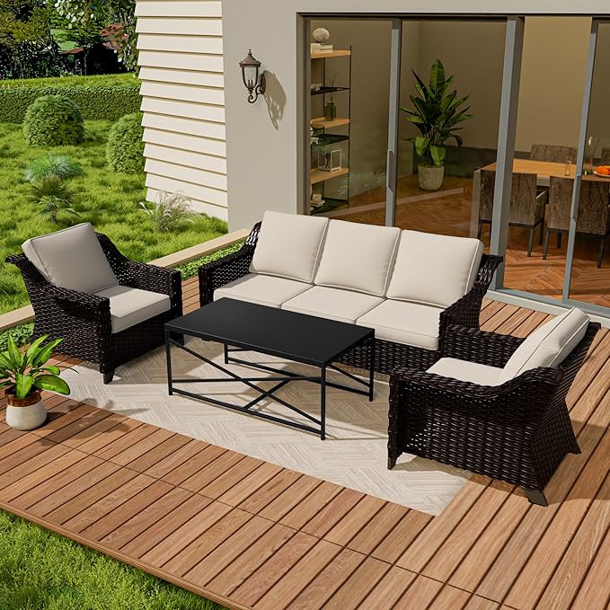 Vista Vibe 4 Pieces Outdoor Patio Conversation Furniture Set - 78" 3-seat Sofa | 2 Chairs | Metal Coffee Table, Deep Seat Loveseat, Removable Cushions, PE Rattan Couch, Lawn (Brown/Beige)