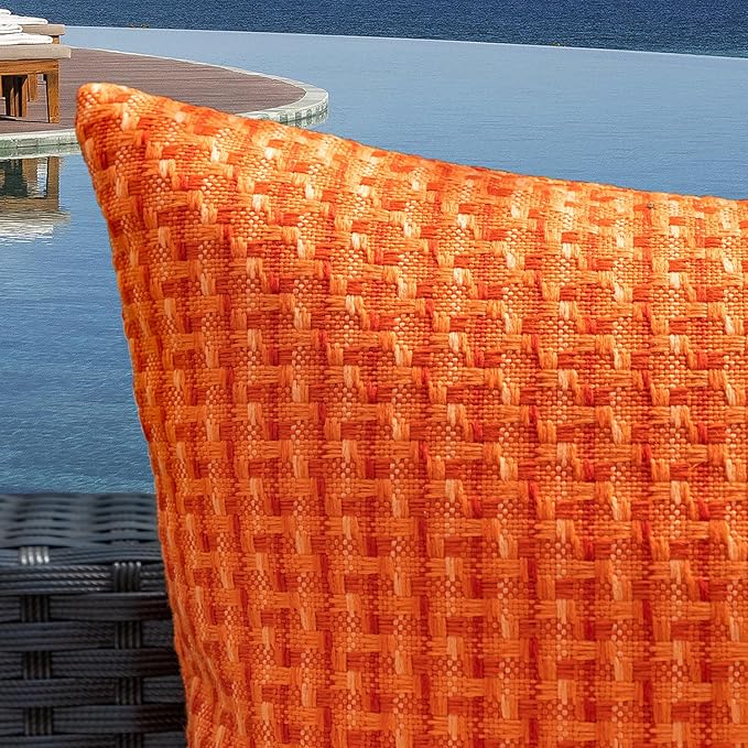 Kevin Textile Fall Outdoor Waterproof Throw Pillow Covers Pack of 2 Weaving Texture Water Resistant Outside Decorative Cushion Covers for Garden Patio Tent Balcony Bench Couch Sofa 16x16 Inch, Orange