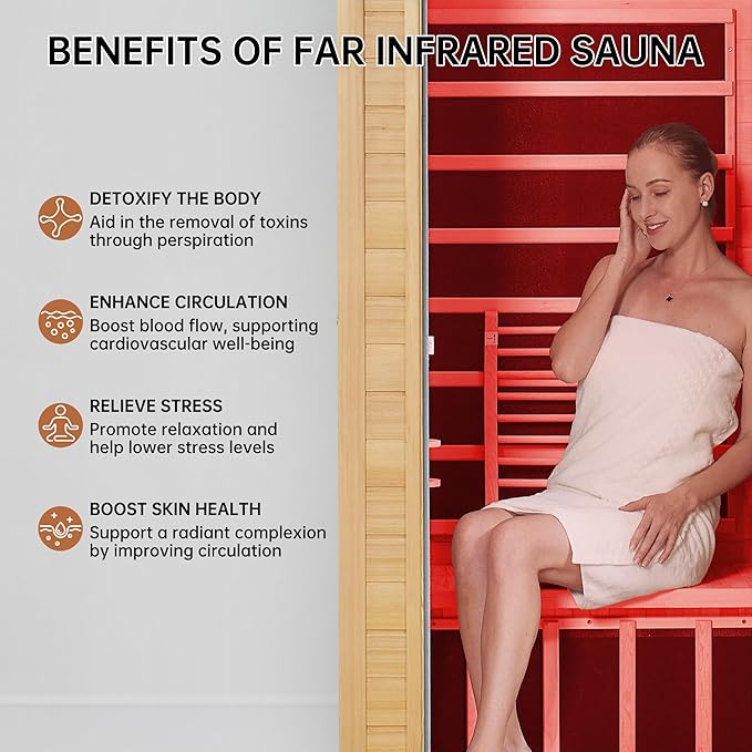 springspa Far Infrared Sauna 1 Person Indoor Sauna Spa Room, Canadian Hemlock Wooden Infrared Saunas for Home with Low Emf Lighting, Bluetooth Speakers, LCD Control Panel, 9 Chromotherapy