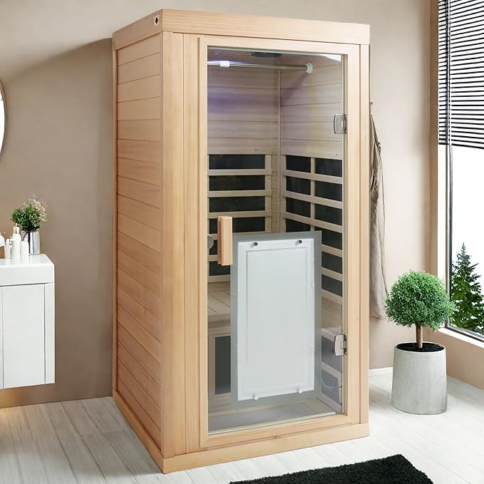 Infrared Sauna for Home One Person Far Infrared Hemlock Standard Indoor Sauna Room with Bluetooth Audio, Reading Light, Natural