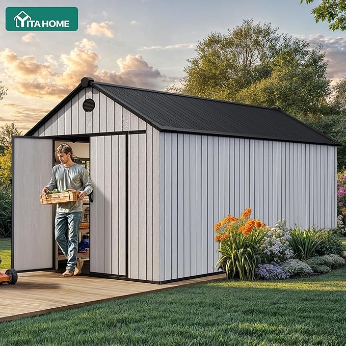 YITAHOME 8x16 FT Outdoor Storage Shed with Floor, Waterproof Plastic Garden Shed with Lockable Doors, 2 Vents & 3 Windows, 875 cu. ft. Resin Shed for Tools, Bikes, Patio or Backyard, Gray
